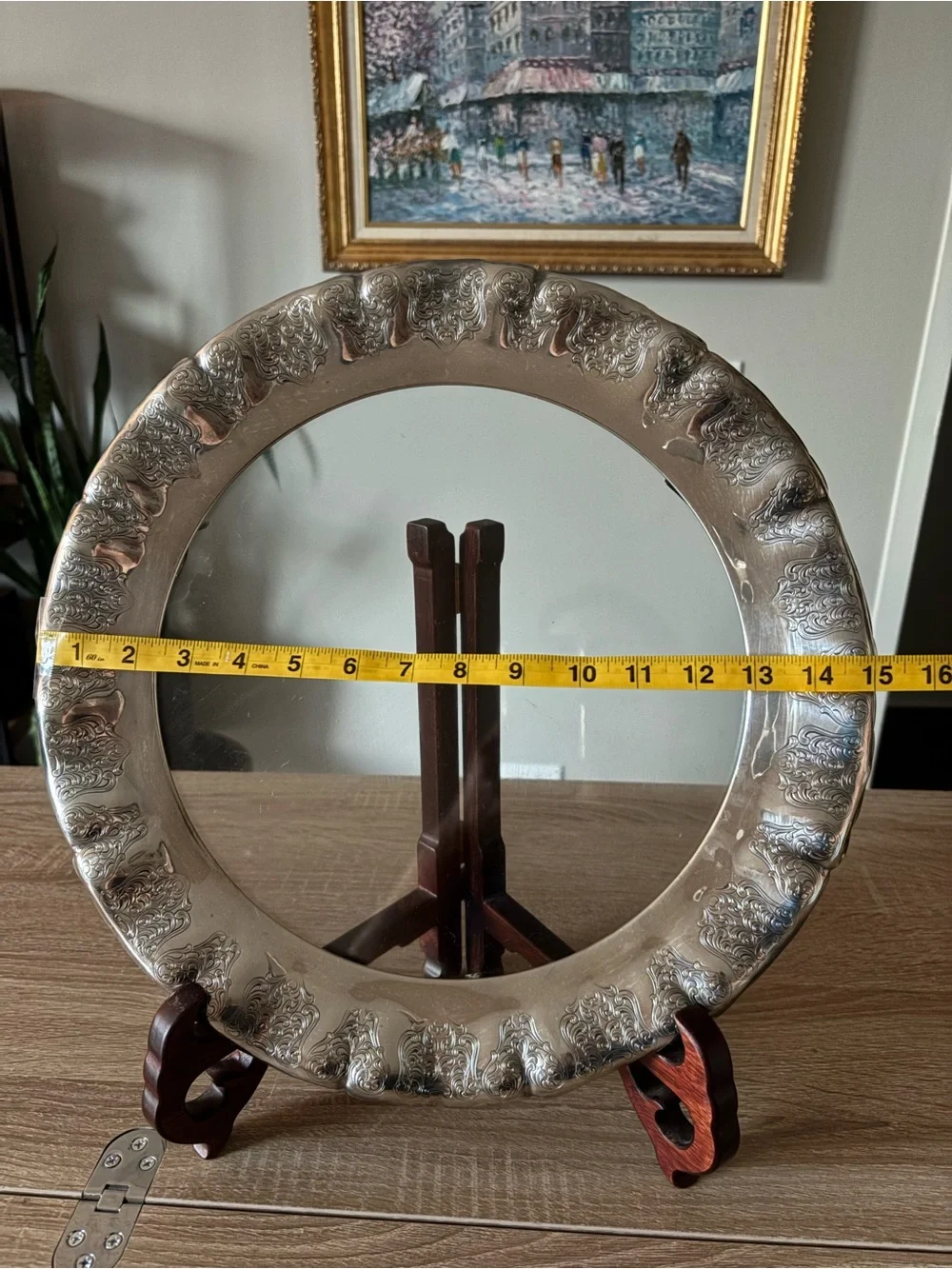Vintage Silver Ornate Round Serving Platter / Tray with Glass - 15 in